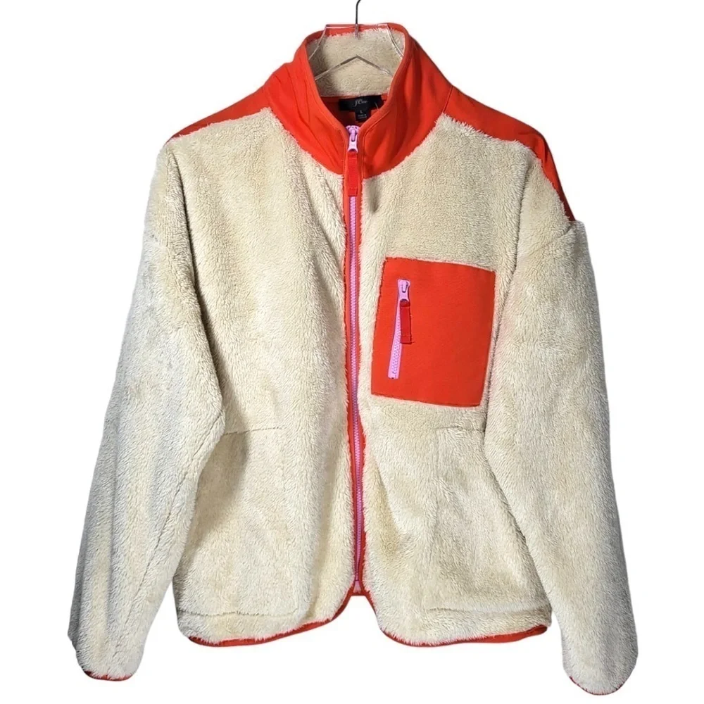 NEW J. Crew Weekend Superplush Sherpa Full-Zip Jacket in Colorblock Cream Orange - Picture 6 of 15